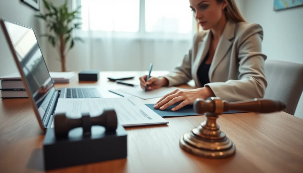 Certified translator working on soudní překlad in a professional office setting.