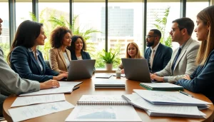 Engaging professionals in an environmental law firm discussing sustainable practices for clients.