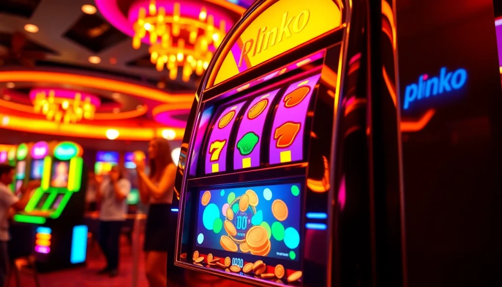 Jatuhkan koin di mesin plinko slot berkilau dengan latar belakang kasino yang meriah.