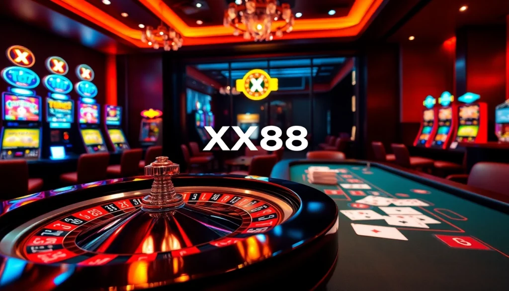 Experience the excitement of gambling at XX88 with vibrant casino elements like roulette and poker.