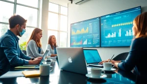 Team analyzing website performance metrics, focusing on Từ khoá phụ in digital strategies.