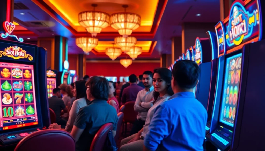 Engaging scene at a slot hoki gaming table with diverse players excited for wins.