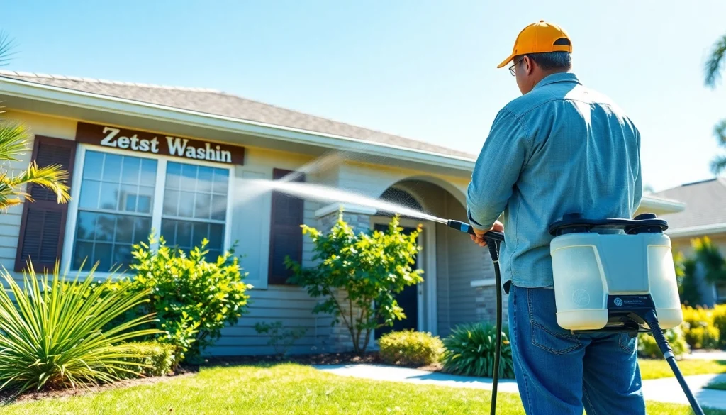 Soft wash cleaning a residential home exterior in Kissimmee, Florida, showcasing eco-friendly pressure washing.