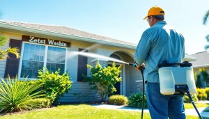 Soft wash cleaning a residential home exterior in Kissimmee, Florida, showcasing eco-friendly pressure washing.