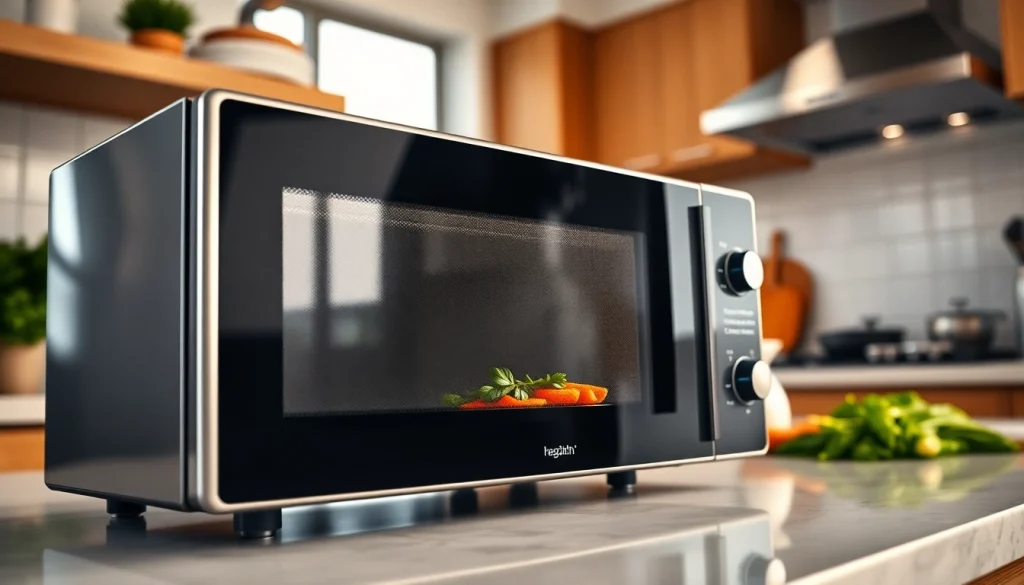 Efficient microwave oven cooking vegetables in a modern kitchen setting.