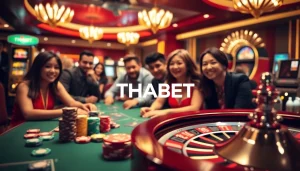 Thrilling casino scene with diverse players enjoying poker at THABET, showcasing excitement and luxury.