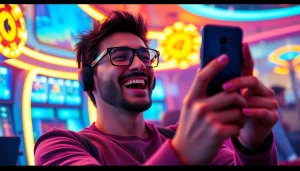 Jogador apostando em um site confiável de apostas com smartphone em um cassino virtual vibrante.