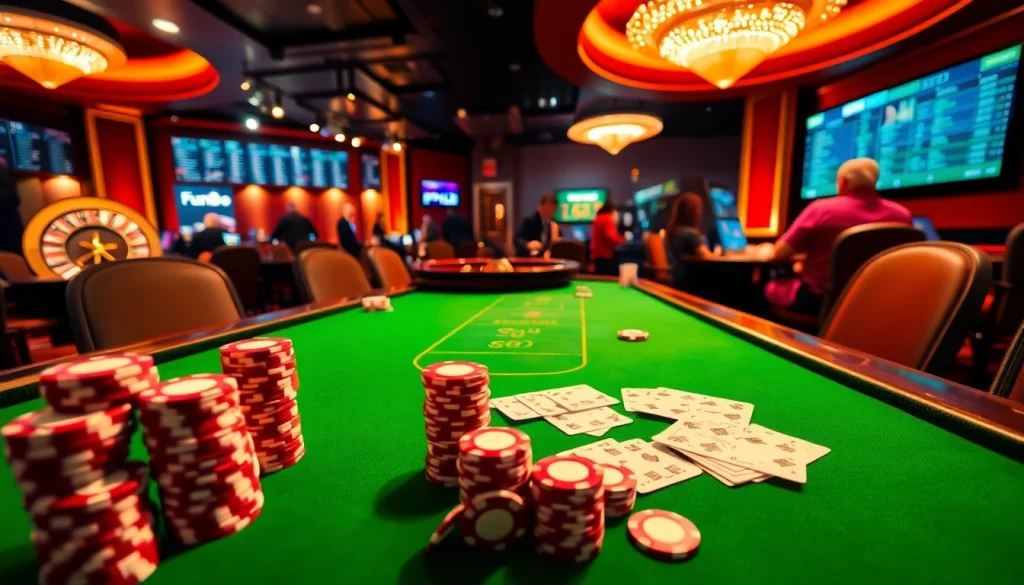 Exciting casino scene showcasing poker chips and a Fun88 link themed roulette table in a vibrant atmosphere.