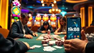 Những người chơi cược tham gia đang tận hưởng trò chơi poker Tik88 giữa bối cảnh casino sống động.