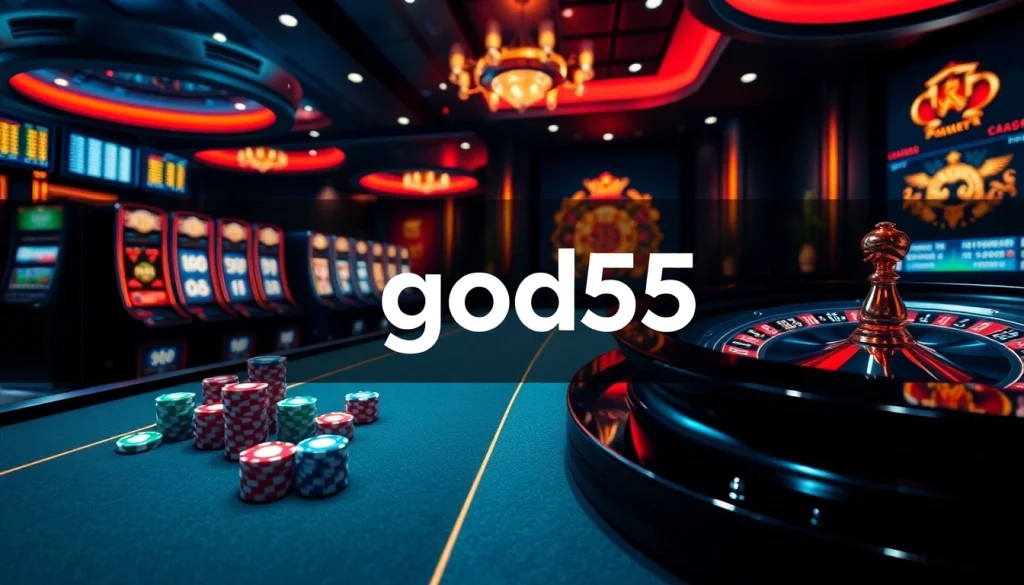 Experience the thrill of god55 at a luxurious online casino filled with vibrant slot machines and poker tables.