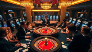 Casino players enjoying high-stakes games at THABET, featuring roulette and poker tables.