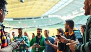 Engaging bettors exploring top sports betting sites Georgia amidst a vibrant stadium atmosphere.