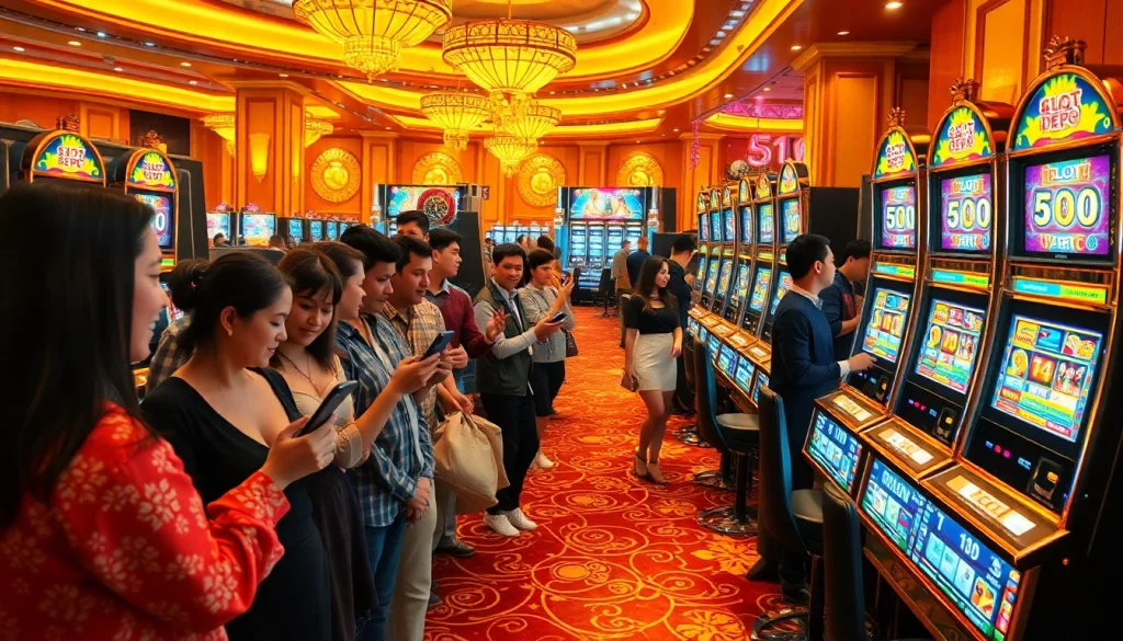 Rasakan sensasi Slot Depo 5rb dengan beragam pemain yang menikmati mesin slot yang berwarna-warni di kasino mewah.