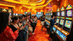Rasakan sensasi Slot Depo 5rb dengan beragam pemain yang menikmati mesin slot yang berwarna-warni di kasino mewah.