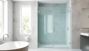 Stylish glass shower doors in a contemporary bathroom, showcasing elegance and modern design.