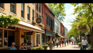 Clarksburg's vibrant downtown with charming shops and bustling outdoor cafés.