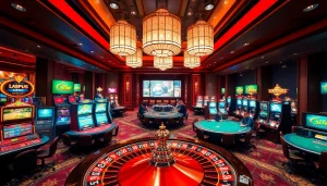 Experience the excitement of 98win casino with vibrant gaming tables, slot machines, and roulette wheels.