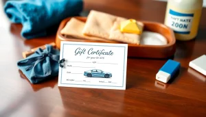 Present a car detailing gift certificate with elegant design on a polished table.
