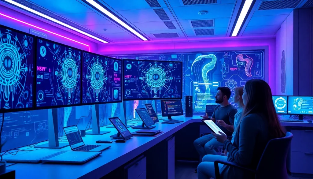 AI technology lab highlighting NSFW AI innovations with diverse professionals.