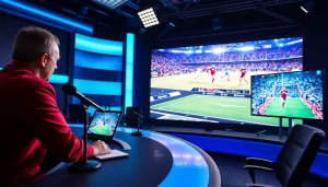 Engaging Sports Broadcasting host presenting live with dynamic studio backdrop.