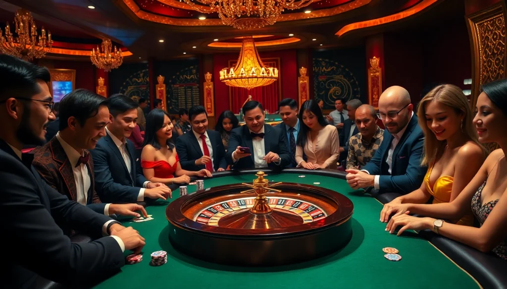 Para pemain merayakan kemenangan Datuk Win di meja kasino yang penuh warna, dikelilingi chip dan kartu.