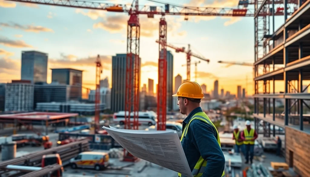 Austin construction site bustling with activity, showcasing teamwork and city development.
