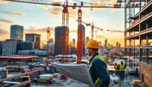 Austin construction site bustling with activity, showcasing teamwork and city development.