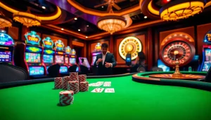 Engaging J88 casino scene featuring poker chips, table games, and slot machines