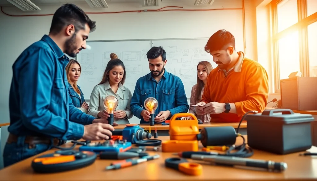 Electrifying learning at an electrician trade school in Colorado with diverse students engaged in hands-on training.