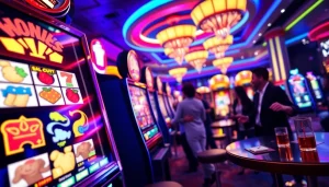 Menang slot deposit 1k pada mesin slot dengan suasana kasino yang ramai dan berenergi.