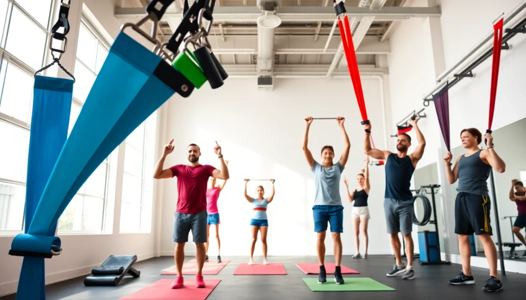 Resistance bands for pull-ups displayed in a bright gym setting with individuals exercising.