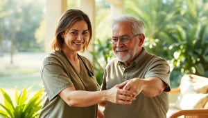 Promoting austin senior home care with a caregiver helping an elderly man in a warm atmosphere.