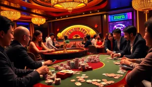 Engaging scene at KJC's online gambling platform, showcasing players with cards and a roulette wheel.