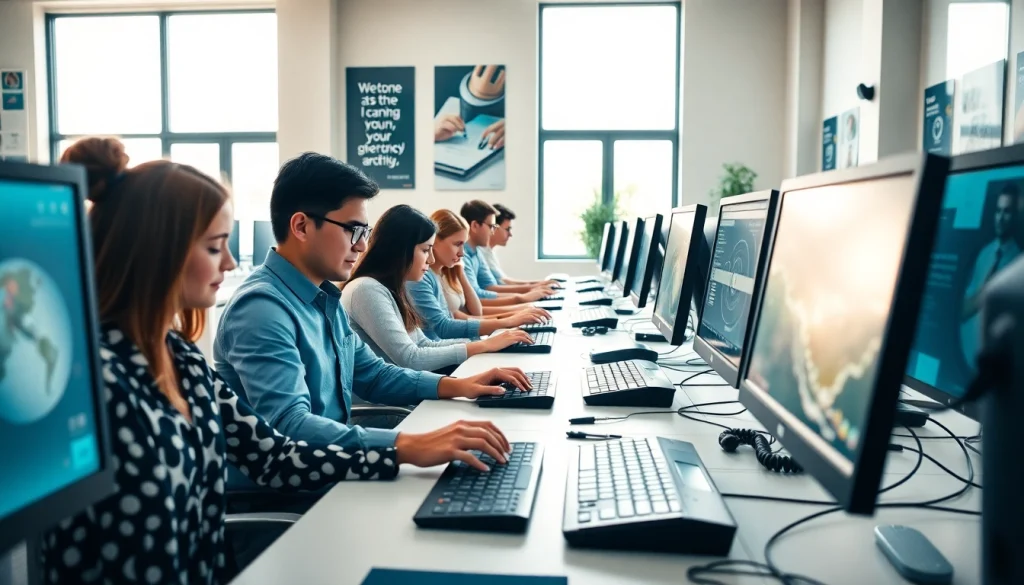 Engaged professionals in a thriving typing center, showcasing teamwork and modern workspace.
