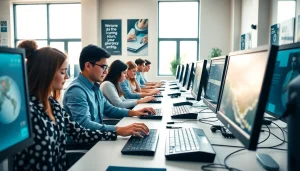 Engaged professionals in a thriving typing center, showcasing teamwork and modern workspace.