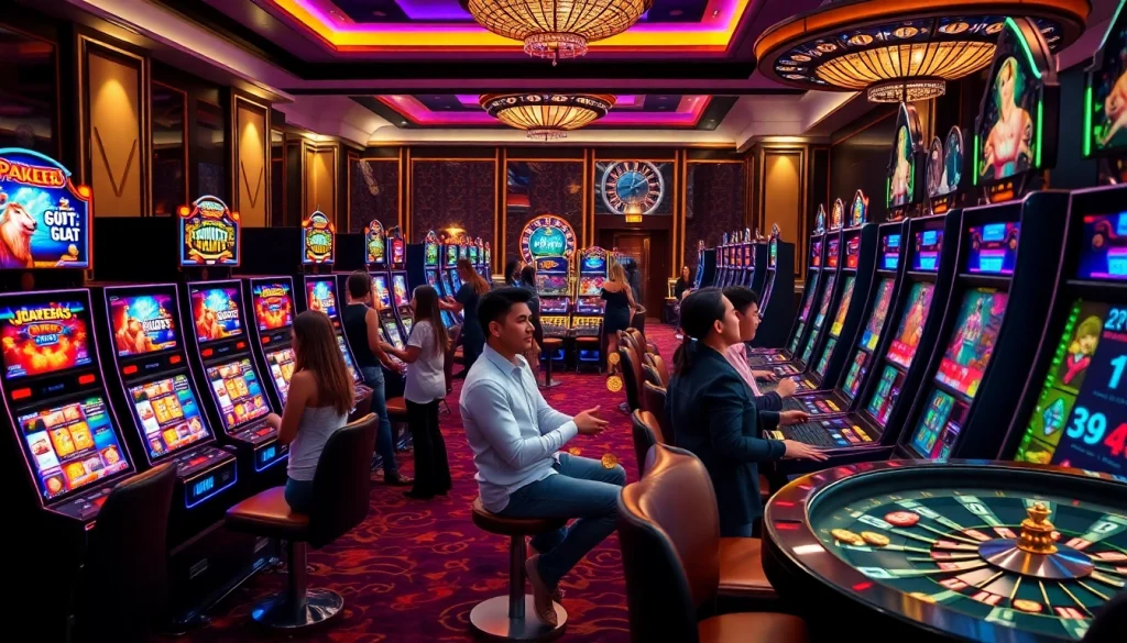 Pemain menang pada slot deposit pulsa tanpa potongan di kasino mewah dengan mesin slot yang penuh warna.