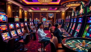 Pemain menang pada slot deposit pulsa tanpa potongan di kasino mewah dengan mesin slot yang penuh warna.