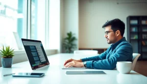 在现代工作空间的笔记本电脑上使用 WhatsApp Web，展示用户参与度与效率。