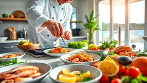 Private chef in Sint Maarten showcasing gourmet meal preparation amidst vibrant ingredients in a luxurious kitchen.