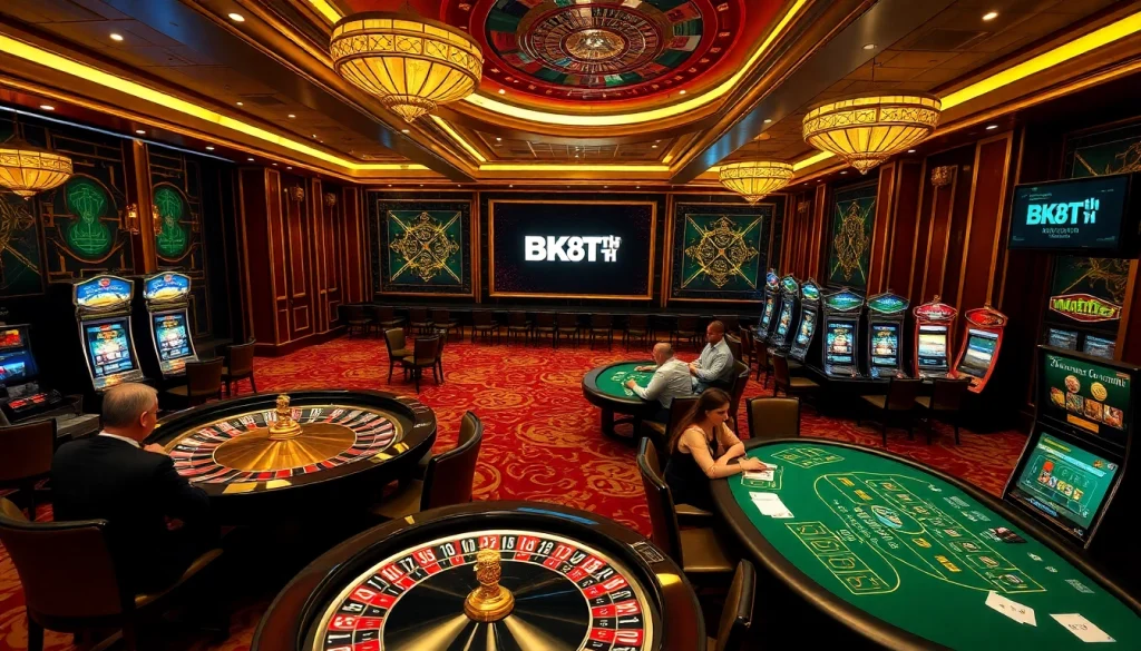 Players enjoying an exciting game at BK8TH casino, featuring vibrant tables and slot machines.
