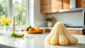 Using a kitchen loofah scrubber for effective cleaning on a bright countertop.