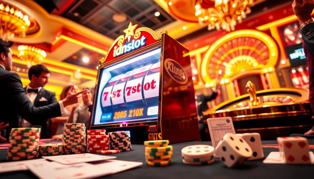 Players experiencing the thrill of idnslot with vibrant slot machines and poker chips at a casino.