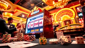 Players experiencing the thrill of idnslot with vibrant slot machines and poker chips at a casino.