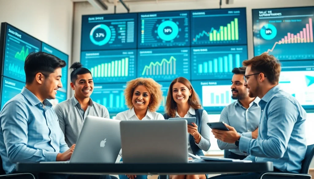 Analyze growth strategy trends with a professional team in a modern office setting.