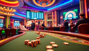 Experience the thrill of sbobet betting amidst a lively casino scene with luxurious tables and vibrant gameplay.