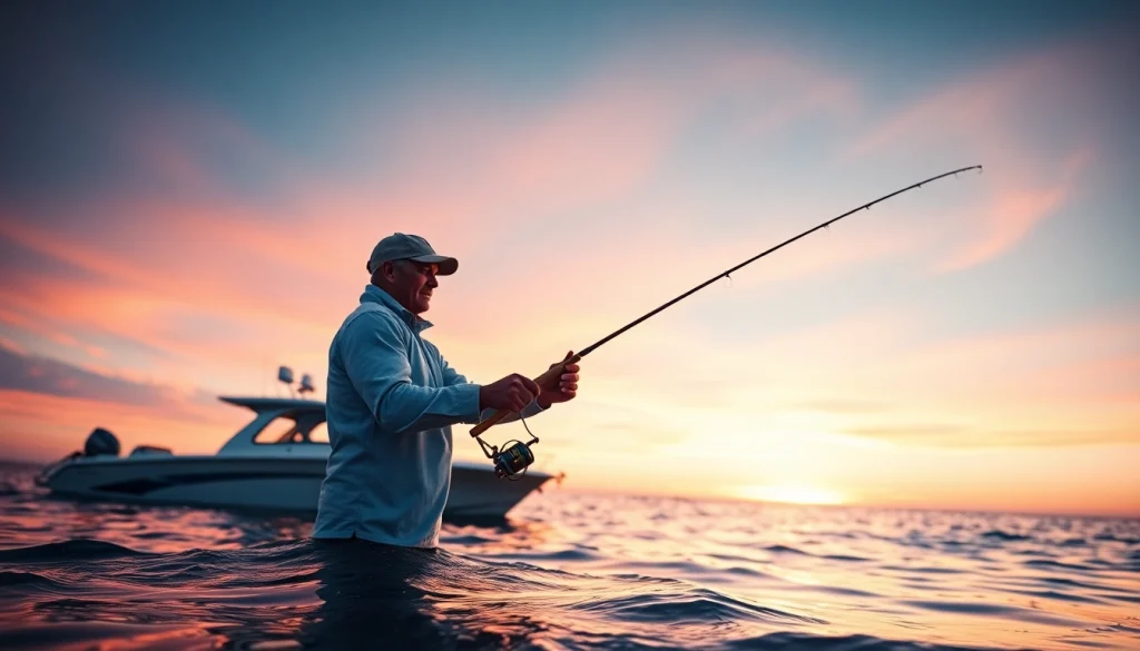 Engaging in saltwater fly fishing at dawn with a stunning water reflection.