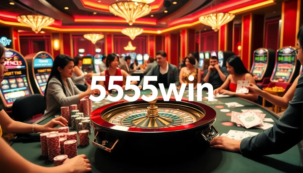 Players enjoy casino games at 555win, showcasing thrilling poker action with vibrant table setups.