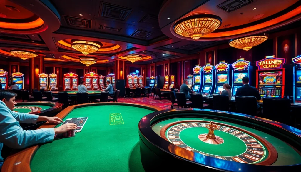 Players enjoying high-stakes card games at the b52 club casino, surrounded by vibrant slot machines.