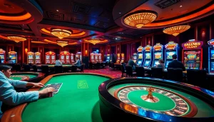 Players enjoying high-stakes card games at the b52 club casino, surrounded by vibrant slot machines.