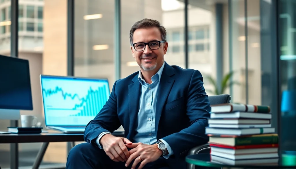 Mark Baum analyzing financial reports in a modern office setting.